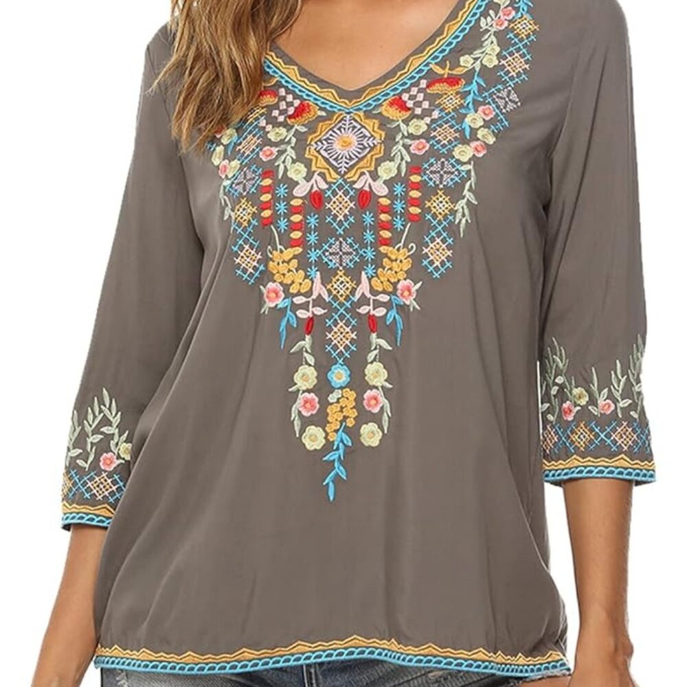 Gray Embroidered Boho Chic Top